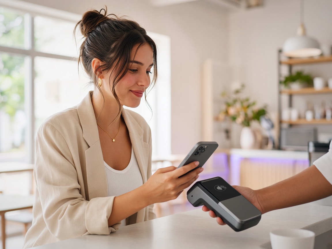 Customer paying with her phone at a café